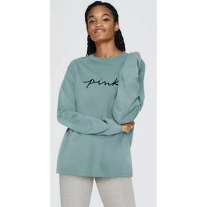 PINK Victoria's Secret Seafoam Green Cotton Long Sleeve Logo Boyfriend Tee Shirt